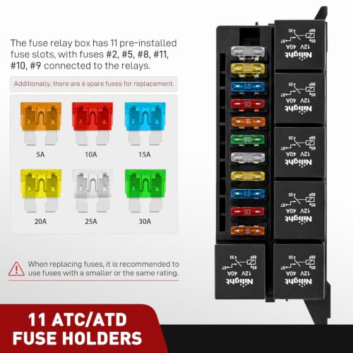Image of Nilight 12V Fuse Relay Box 6 Relays 4pin 40A 11 Fuses Pre-Wired Block Kit | 11-Way ATC /ATO Blade Fuses Holder 12AWG Pre-Wired Relay Box Universal for Automotive Car Truck Camper Boat