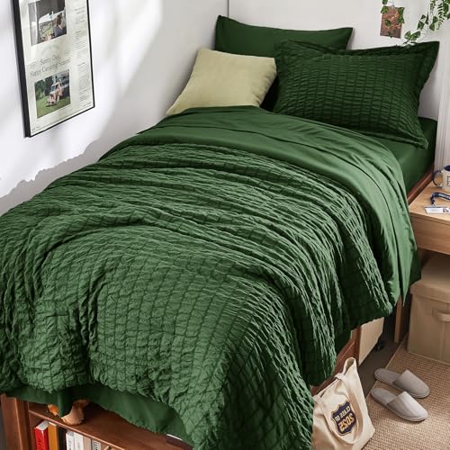 Image of HYMOKEGE Dark Green Twin Comforter Set Seersucker 5 Pieces, All Season Luxury Bed in a Bag Queen for Bedroom, Bedding Set with Comforter, Sheets, Pillowcase & Sham