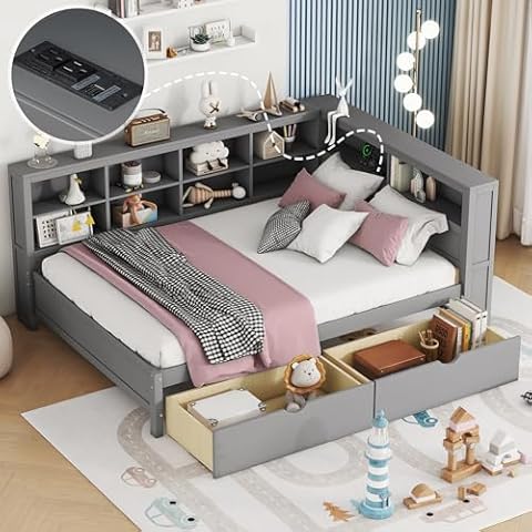 SOFTSEA Full Size Daybed Bed with Storage Drawers and Bookcase, L-Shape Daybed with USB Ports and Headboard, Full Corner Bed Frame with Functional Storage for Kids Teens Adults, Gray Cover