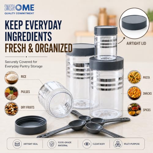 Image of SwissHome Kitchen Storage Containers Set with Spoons, Airtight Food Grade Storage Jars, Transparent Pantry Containers for Rice, Pulses, Dry Fruits, Pasta & Spices (Grey 12 Pcs)