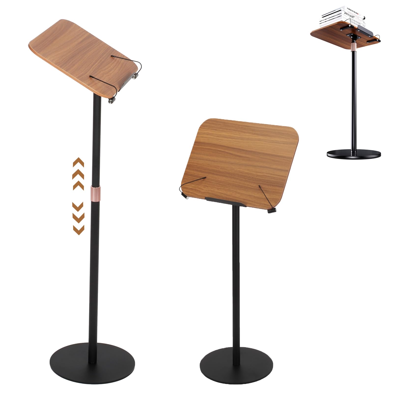 Nisorpa Book Stand for Reading, Standing Laptop Hands Free Projector Recipe Tablet Stand for Display, Height & Flat Plate Adjustable Floor Stand 2 Page Paper Clips, Brown
