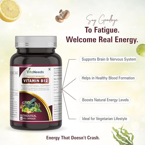 Image of Vitamin B12 Supplements | Vegan Vitamin B12 tablets | With Moringa,Spirulina,Alfalfa,Wheatgrass, Amla & Superfoods | Energy and Vitality Natural B12 Supplement for Adults Vegetarian Friendly Formula for Daily Routine |60 Veg Capsules 2.2 MCG (Plant Based)(Pack of 2)Total=2x60=120