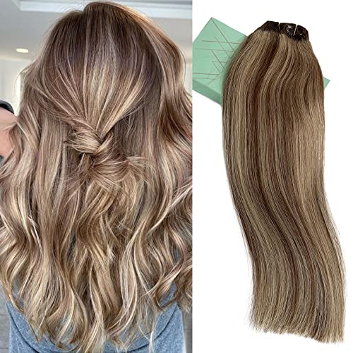 Licoville Hair Extensions Clip in Remy Human Hair Extensions with Brown Roots 120grams 7pcs Chocolate Brown with Platinum Blonde Balayage Clip in Extensions for Women