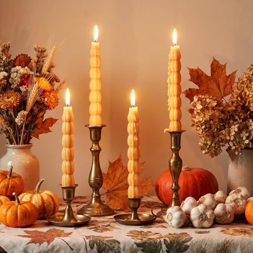 Conelist 4 Pieces Fall Pumpkin Taper Candles 7.09 Tall Flickering Candlesticks for Autumn Holiday Table Decor & Fall Events Thanksgiving Dinner Halloween Parties