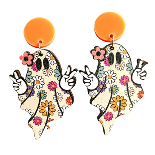 Maple Wooden Dangle Earrings - Cartoon Ghost & Pumpkin Halloween Earrings for Women