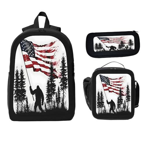 3PCS Backpack for Women Men With Lunch Box Pencil Bag 17 Inch Lightweight Adjustable Strap Back Pack 3 In 1 Set American Flag Man Casual Daypack Unisex Fit Travel Work Camping