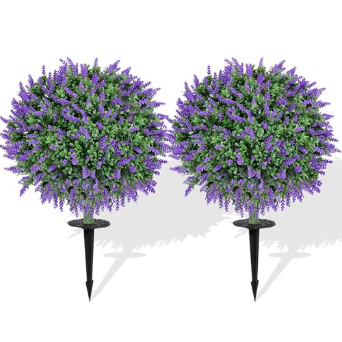 Artificial Boxwood Topiary Balls with Lavender – Set of 2 UV-Resistant 23 Fake Shrubs with Ground Spikes, Faux Evergreen Decorative Plants for Outdoor Indoor Porch Patio Garden