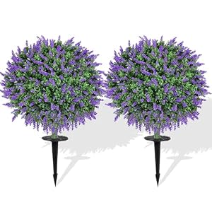 Artificial Boxwood Topiary Balls with Lavender – Set of 2 UV-Resistant 23″ Fake Shrubs with Ground Spikes, Faux Evergreen Decorative Plants for Outdoor Indoor Porch Patio Garden
