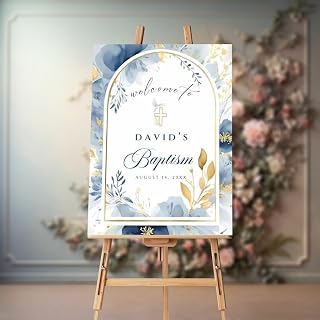 Custom Blue Boho Baptism Welcome Sign for Baby Boy, Christening Poster First Communion Decoration, Personalized Baby Shower Party Sign for Religious Celebration