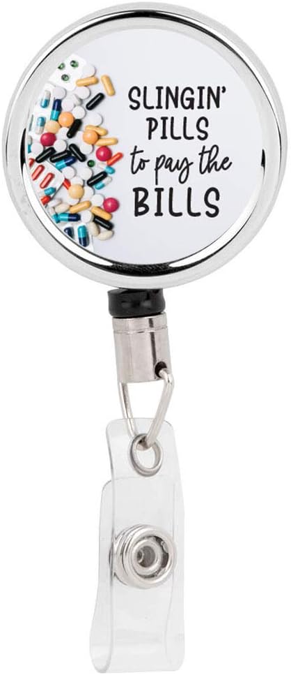 Andaz Press Retractable Badge Reel Holder with Clip, Heavy Duty Metal Name Tag Retractable ID Key Belt Clip Slinging' Pills to Pay The Bills Pharmacy, Essential Nurse, Medical ID, Doctor, Pediatric