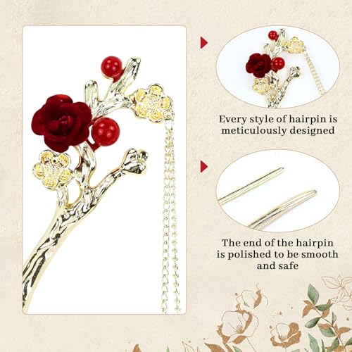 inSowni 8 Pieces Retro Vintage Asian Japanese Chinese Hanfu Gold Metal Flower Hair Sticks with Pearl Pendants Fishtail Lotus Butterfly Long Hair Pins Forks Chopsticks Bun Updo Holders for Women Girls - Thumbnail 6