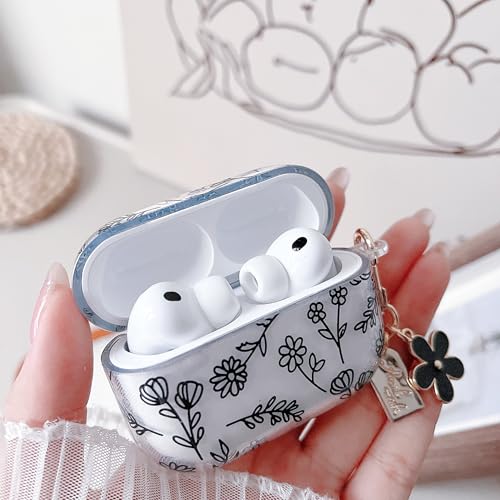 Image of MINSCOSE Compatible with AirPods Pro 3rd Generation Case (2025) with Cleaner Kit,Cute Flower Floral Aesthetic Design with Flowers Keychain for Girls Women for Airpods Pro 3-Black