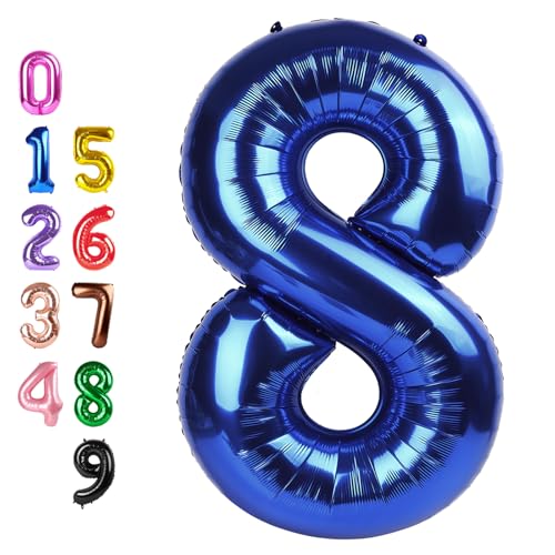 Image of Number Balloons 8 Balloon 40 inch Blue for 8th Birthday Party Decoration | Saturated Color, Large 40 in, With Inflation Straw & Hanging Hole, Great for Men's Party, Back-To-School Season, Pool Party