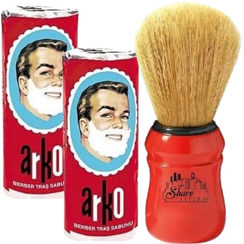 The Shave Factory Wet Shaving Set – 2× Arko Shaving Soap Sticks & The Shave Factory Natural Boar Bristle Brush Made by Omega – Classic Red Handle