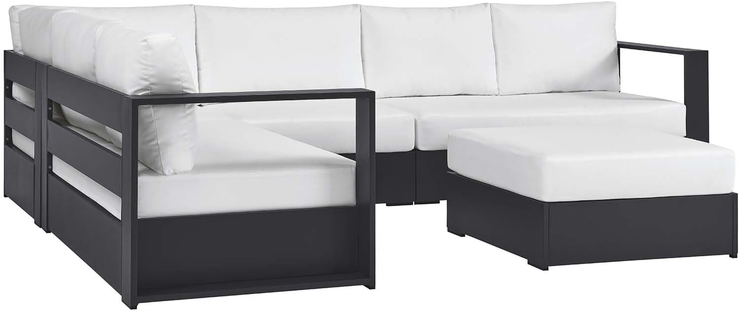 Modway Tahoe Aluminum 5-Piece Outdoor Patio Furniture Gray White, Modular Sectional Sofa Set with Weather-Resistant Cushion and Ottoman, Ideal for Deck, Backyard Poolside