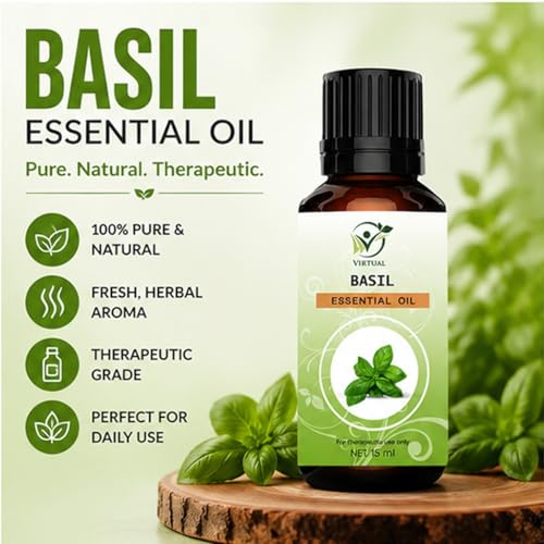 Image of VIRTUAL Basil Essential Oil 15 Ml | Pure & Natural Aromatherapy Oil for Diffuser, Humidifier, Spa, Massage & Home Fragrance