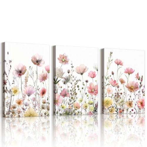 WENGTIAO 3 Pezzi Stampa su Fiori Selvatici Colorati Con Cornice Quadro su Tela Rosso Rosa e Giallo Floreale Pittura Quadro Moderno Soggiorno Camera da Letto Decorazioni Parete 30x40cmx3