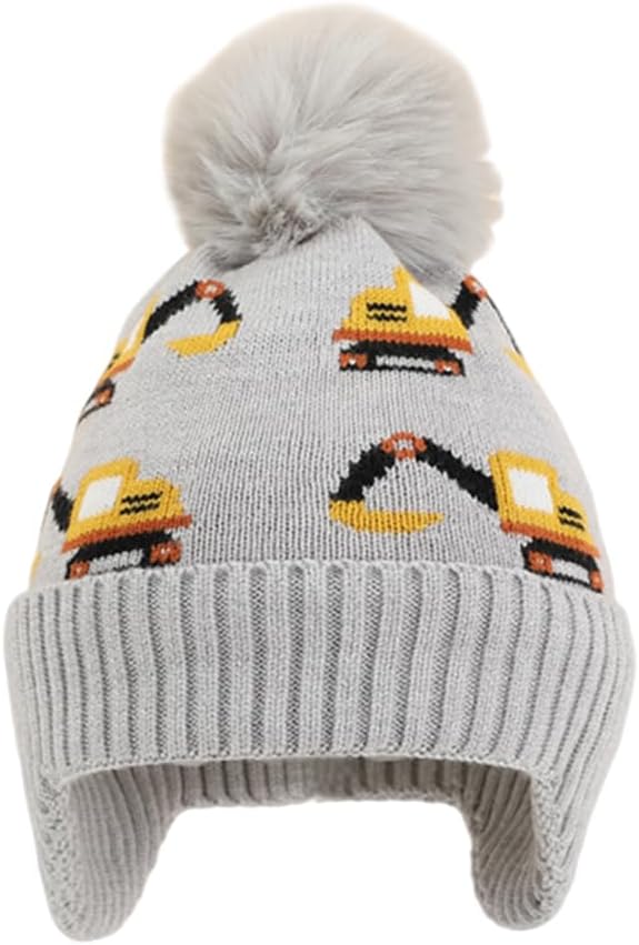 Kids Beanie with Earflap for Boys Girls Pom Pom Knit Hats Fleece Lining Winter Outdoor Snow Ski Skull Cap Age 2-10