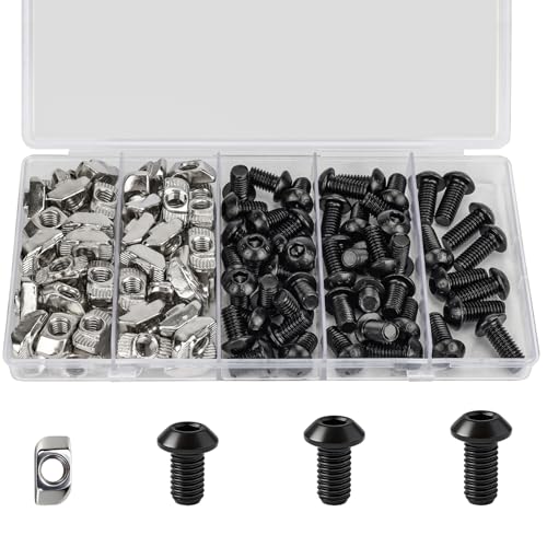 Sieqioor 120pcs M6 T-Nut Screw Kit for 3030/3060 Series Aluminum Extrusion, 60 T-Nuts, 60 Black Hex Socket Screws (M6x10/12/14mm)