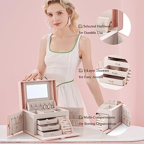 Vlando Mirrored Jewelry Box Organizer, Leather Jewelry Storage Case, Necklaces Earrings Rings Brackets Box Holder, Pink #TOP2
