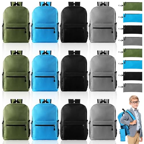 Silkfly 12 mochilas escolares para estudantes com 12 bolsas de lápis leves com zíper, material escolar a granel, Cor escura, about 15.7 x 11.8 x 4.7 inches/ 40 x 30 x 12 cm