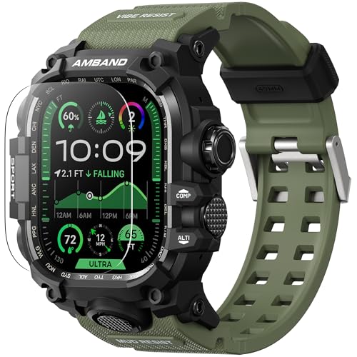 amBand Rugged Case with Band for Apple Watch Ultra 3/2/1 49mm, M3 Military Grade Shockproof Cover, Includes Screen Protector Kit, Tactical Band for Men - Compatible with iWatch Ultra, Army Green