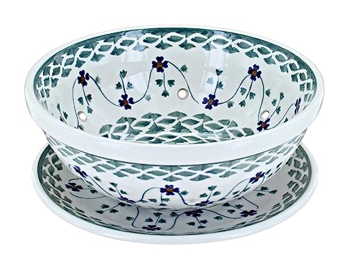 Blue Rose Polish Pottery - Green Sage Floral Berry Bowl with Plate - 6.5" Diameter - Ceramic Berry Bowl with Drain Holes, Perfect for Rinsing & Serving Fruit