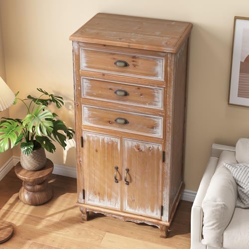 Image of Rustic Tall Storage Cabinet - Distressed Solid Wood Frame Accent Cabinet with Textured Drawer Fronts, 3 Drawers & 2 Doors, Farmhouse Freestanding Floor Cabinet for Entryway, Living Room, Hallway