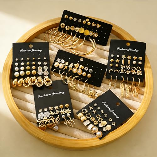 75 Pairs Gold Stud Earrings Set for Women, Trendy Hypoallergenic Pearl Cubic Zirconia Multiple Piercings Earrings Packs, Stud Hoops Earrings for Gift Jewelry — view 6