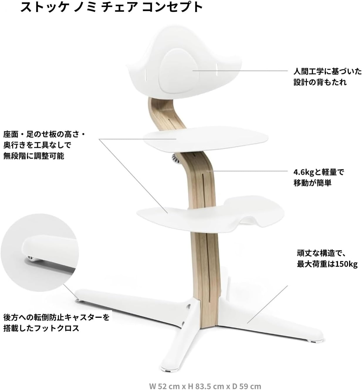 Stokke(ストッケ) ノミ チェア ナチュラル ホワイト ベビーチェア 自由な動き 快適 座り心地 調節可能 移動簡単 軽量 背もたれ 足のせ板 新生児から大人まで