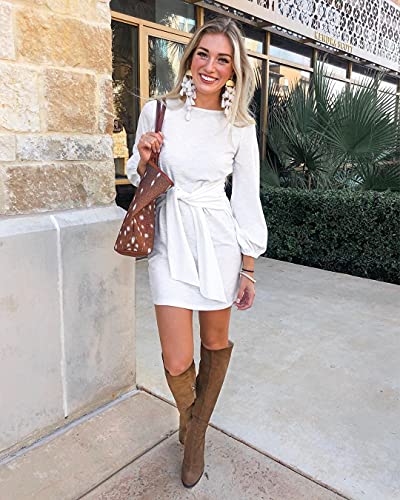 Prettygarden Women’s Elegant Long Lantern Sleeve Short Dress Crewneck Tie Waist Knit Cocktail Dress White #TOP4