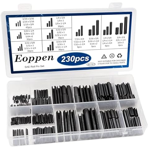 Eoppen 230Pcs SAE Roll Pin Assortment Set - Slotted Spring Pins Steel Split Expansion Pin 10 Sizes 1/16 5/64 3/32 1/8 5/32 3/16 7/32 1/4 5/16 3/8 Inch for Home Improvement Automotive Repair Cover