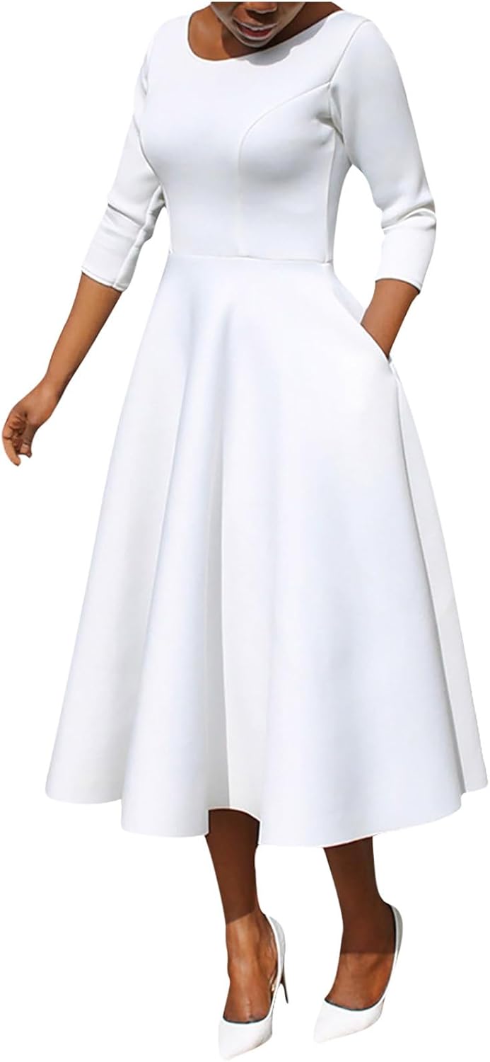 JOAU Midi Dresses for Womens A-Line Fit and Flare Dress 3/4 Sleeve Work Round Neck Cocktail Wedding Dresses with Pockets White