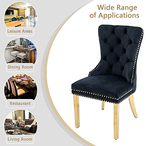 Kcc Velvet Upholstered Dining Chairs Set Of 6, Modern Button Tufted Chairs With Lion Head Pull Ring And Stainless Steel Legs For Living Room Kitchen, Black #TOP6