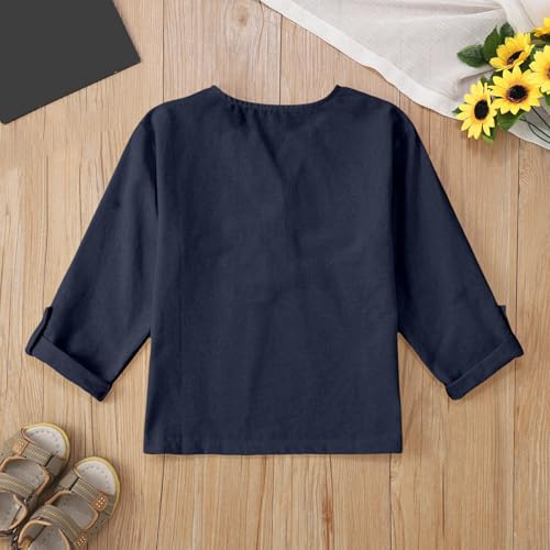Girls Cotton Linen Shirts Summer Blouse Long Sleeve Kids Unisex Lightweight Henley Tops T Shirt Loose Fit with Pocket3