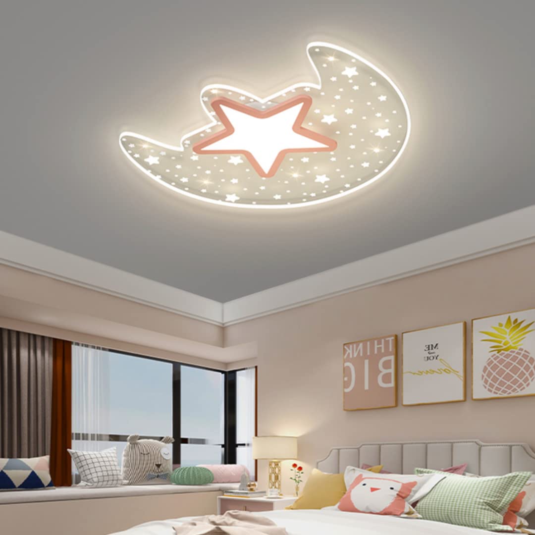 Luna de estrellas huecas Lámpara de Techo LED Fantasía Habitación Infantil Lámpara de Techo Araña para Dormitorio de Niños y Niñas, Habitación Infantil, Atenuación Continua, 17.9 * 16.7'', 30W