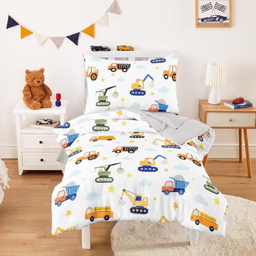 Image of Wake In Cloud - Toddler Bedding Set for Boys, Construction Car Excavator Truck, 4 Pieces Soft Crib Bed Set Including Comforter, Sheets and Pillowcase, White