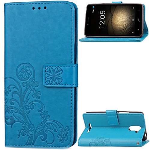 BQ Aquaris U Plus Funda, SATURCASE Lucky Clover Cuero De La PU Magnético Capirotazo Billetera [Ranuras para Tarjetas] Apoyo Funda Carcasa Case con Correa de Mano para BQ Aquaris U Plus (Azul)