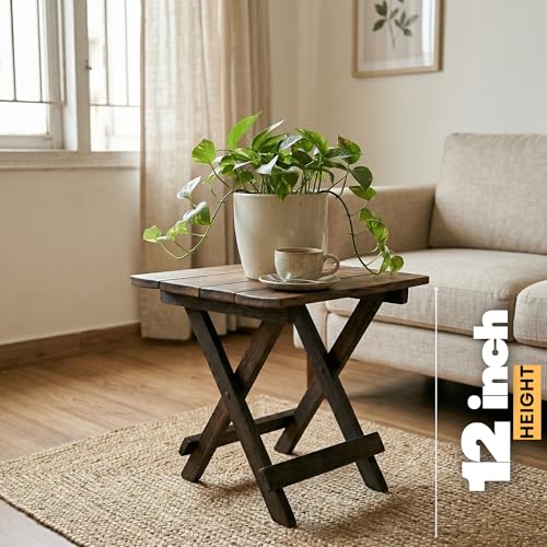Image of Foldable Wooden Side Table for Living Room, Bedroom | Solid Wood End Table | Portable Coffee Table | Laptop Table | Bedside Table | Space Saving Small Table for Home, Balcony, Office (Rustic Finish)
