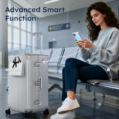 Image of ALPHA CAMP Trunk Luggage 28 Inch with Aluminum Frame Zipperless Suitcase | Large Checked Thickened 3-Layer PC Hardside Luggage with TSA Lock,Charging Port,Cup Holder and Spinner Wheels for Travel