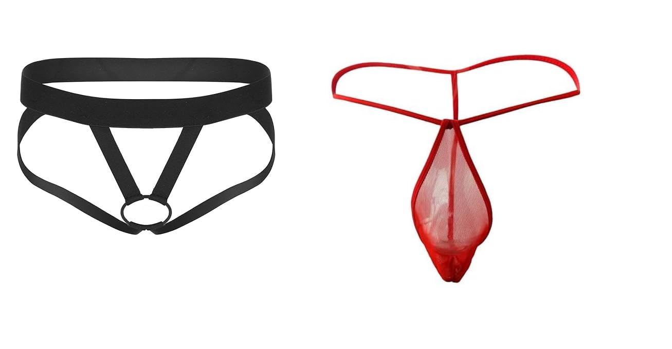 Men's Power Net Pouch Thong Innerwear Underwear Sexy Brief Combo (Red, Black)