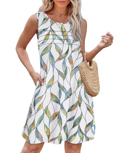 Image of OFEEFAN Womens Pleated Front Tank Dresses Fashion Spring Sleeveless Pockets Sundress Casual Summer