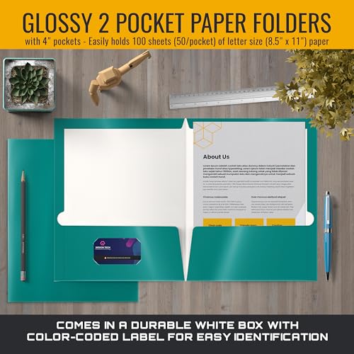 Image of Better Office Products 2 Pocket Glossy Laminated Teal Paper Folders, Box of 25, Letter Size, Teal Paper Portfolios 25 Pack