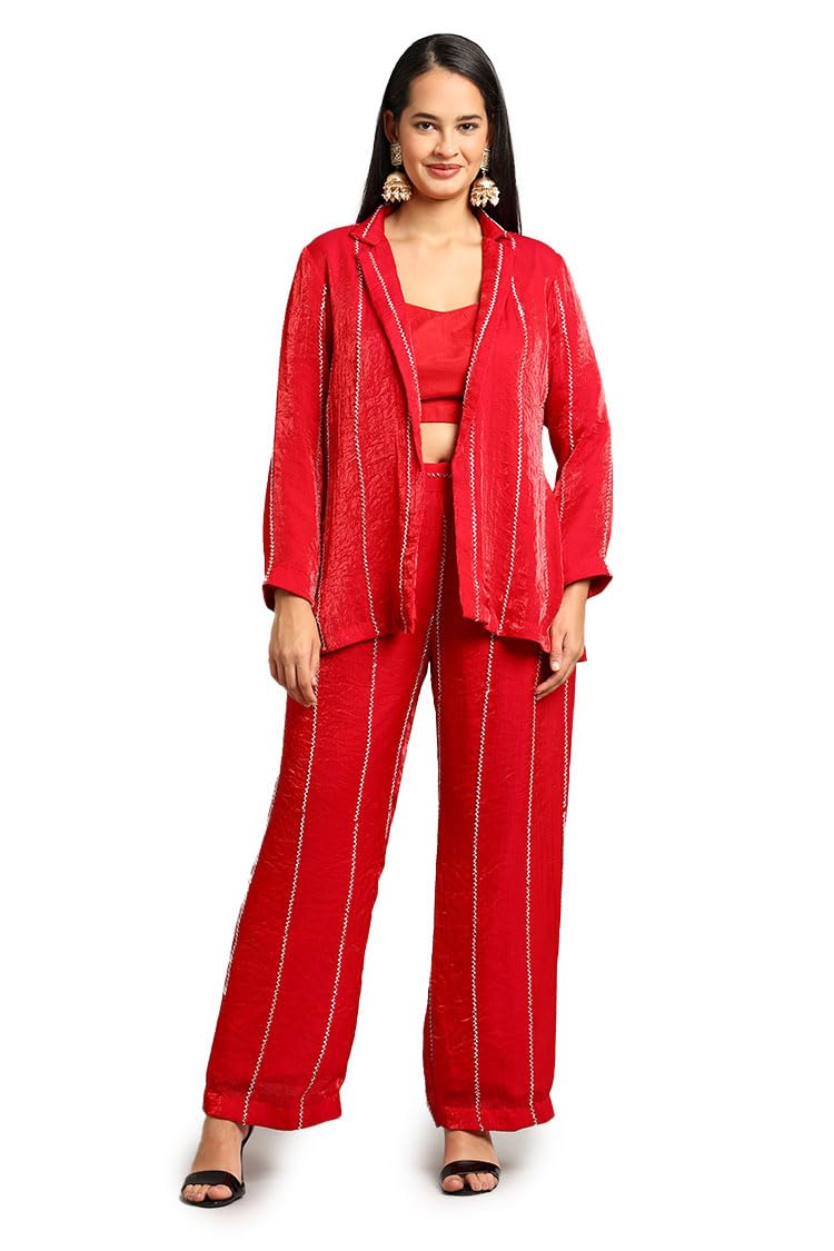 Women's Red 3-Piece Crop Top, Blazer and Palazzo Set with Silver Gota Work-image-45