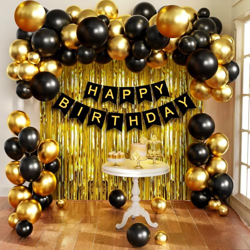 Party Propz Happy Birthday Decoration Items - 46 Pcs, Birthday Decorations Kit | Black and Gold Balloons for Birthday Decoration | Birthday Decorations for Husband | Birthday Decoration Items for Boy