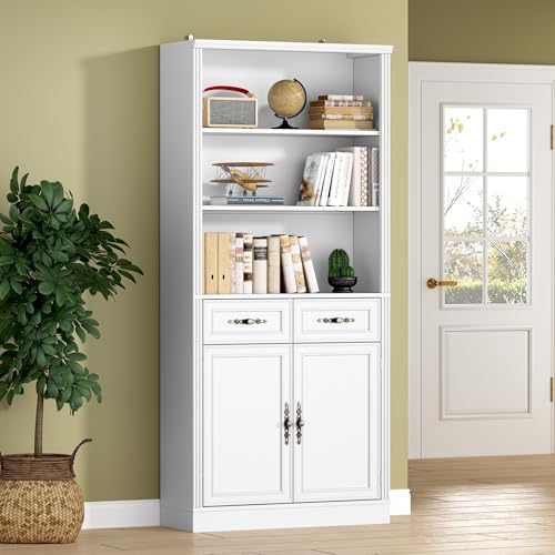 Image of BORNOON 70.1 inch Tall Bookshelf with Drawers & Cabinet, 5-Tier Floor Standing Bookcase with Storage Doors, Adjustable Shelves & Metal Handles, 31.5 inch Wide Organizer for Home Office, Living Room