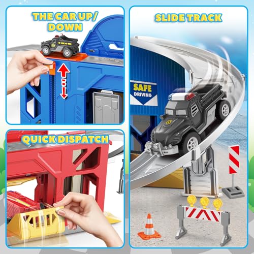 Kids Toys for 3 4 5 6 Years Old Boys, 29.5\'\' Large City Action Toddler Playset with Lights Sounds, Police & Fire Station Transform Track Toy with 4 Cars, Helicopter, Walkie-Talkie, Gifts for Boy Girl