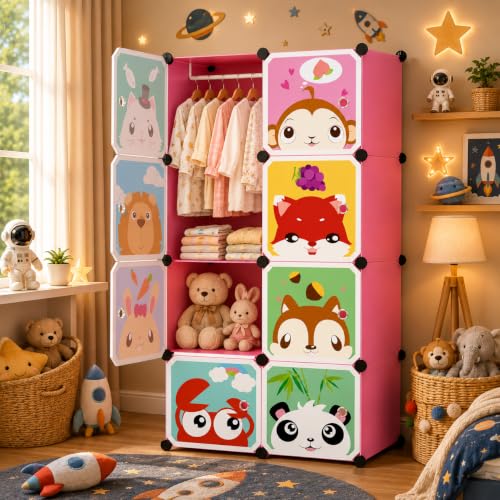 Image of Mevigo Foldable Plastic Wardrobe for Clothes - 8 Door Baby Cupboard for Clothes Storage, Wardrobe for Kids, Plastic Almirah, Collapsible Wardrobe for Kids Livingroom & Home -Pink-HJ