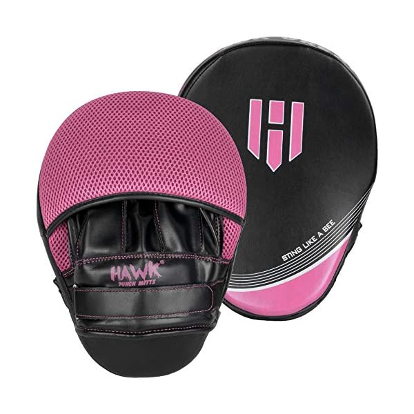 Punching-Mitts-Kickboxing-Muay-Thai-MMA-Boxing-Mitts-Training-Focus-Punch-Mitts-Bags-Hand-Target-Pads-for-Kids-Men-Women-Pair Hawk Sports Punching Mitts for Men, Women, and Kids, Leather Focus Mitts for Martial Arts and Boxing Training, Curved Punch Mitts for Karate, Kickboxing, Krav MAGA, Muay Thai, and Taekwondo, Pink
