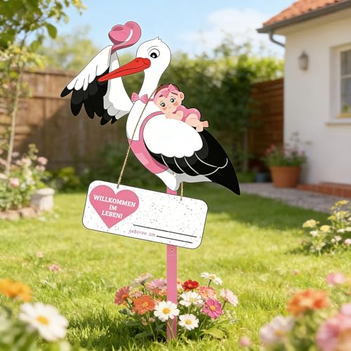Klapperstorch Baby Rosa,Klapperstorch zur Geburt Draußen,Storch Geburt für Draussen Mädchen,Großer Storch aus Holz,Beidseitig bedruckt,Geburtsstorch inkl Holzstab+ Namensschild Grußkarte